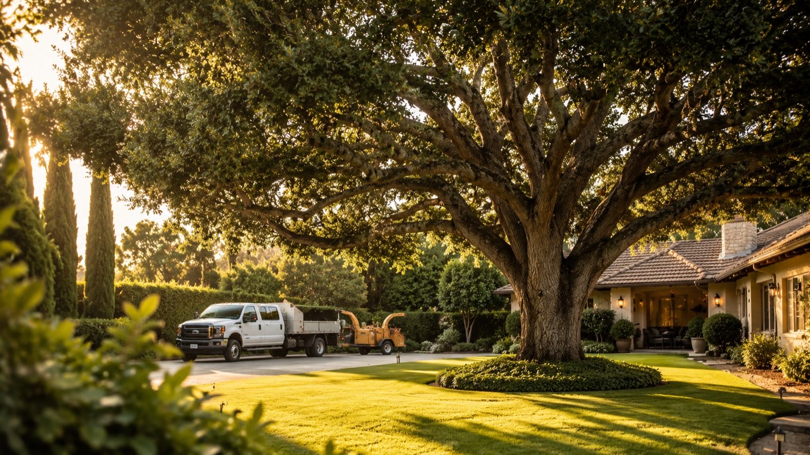 Beautifully maintained mature tree in an upscale Fresno yard cared for by professional tree service